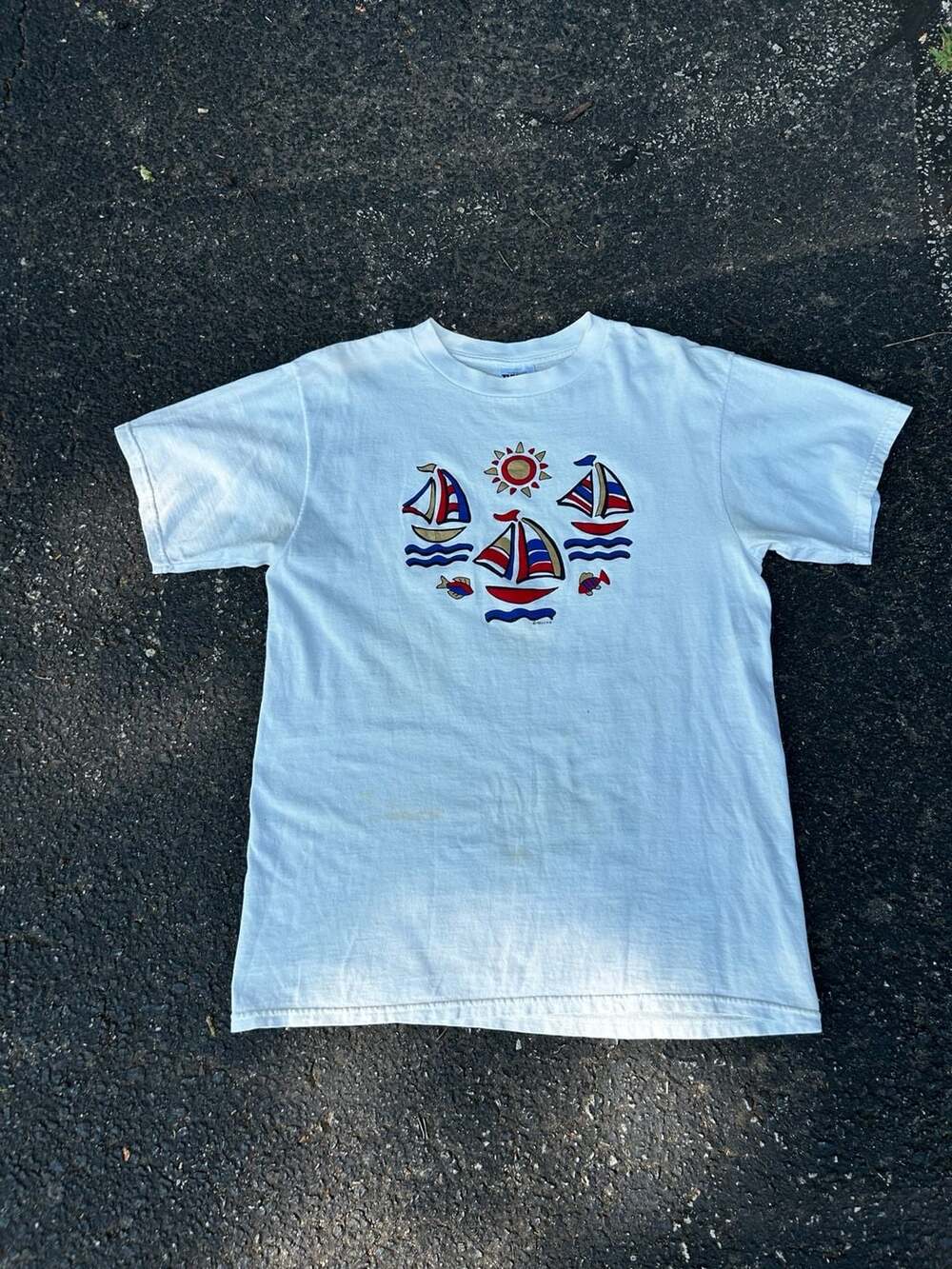 Vintage 90s Tultex Keeline Sailboat Graphic T-Shirt White Large